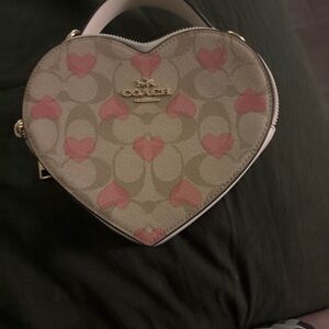 Coach Heart-Pattern Signature Mini Crossbody in Pink and Beige